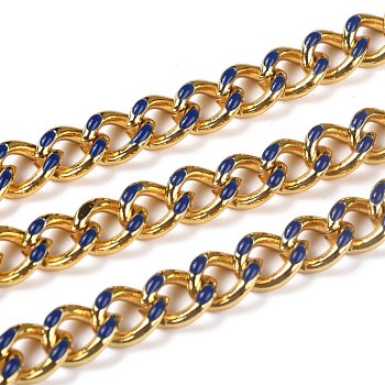 Golden Brass Enamel Curb Chain, Twisted Chain, Long-Lasting Plated, with Spool, Unwelded, Marine Blue, 10.5x8x3.5mm, 32.8 Feet(10m)/roll