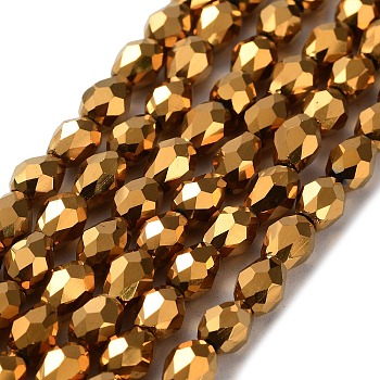 Electroplate Glass Bead Strands, Faceted, teardrop, Golden Plated, 7x6mm, Hole: 1mm, about: 66~68pcs/strand, 19.3 inch