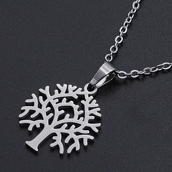 201 Stainless Steel Pendant Necklaces, with Cable Chains and Lobster Claw Clasps, Tree, Stainless Steel Color, 17.7 inch(45cm), 1.5mm