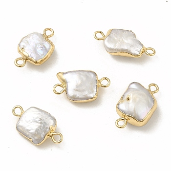 Baroque Natural Keshi Pearl Connector Charms, Square Links, with Brass Double Loops, Light Gold, 17~19x10~11x5~8mm, Hole: 1.6mm