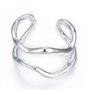 Brass Double Line Wave Open Cuff Ring for Women, Nickel Free, Real Platinum Plated, US Size 6 1/4(16.7mm)