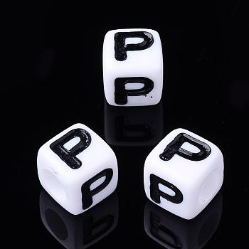 Letter Acrylic Beads, Cube, White, Letter P, Size: about 7mm wide, 7mm long, 7mm high, hole: 3.5mm, about 2000pcs/500g