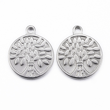 304 Stainless Steel Pendants, Flat Round with Tree of Life, Stainless Steel Color, 19.5x16x2mm, Hole: 2mm