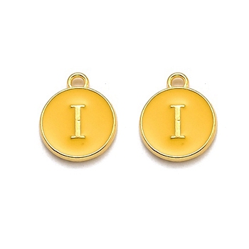Golden Plated Alloy Enamel Charms, Enamelled Sequins, Flat Round with Alphabet, Letter.I, Yellow, 14x12x2mm, Hole: 1.5mm