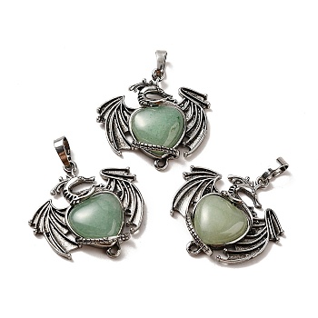 Natural Green Aventurine Heart Pendants, Dragon Charms, with Rack Plating Antique Silver Plated Brass Findings, Lead Free & Cadmium Free, 33x33.5~34x7~7.5mm, Hole: 8x5mm