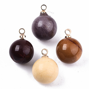 Natural Mookaite Charms, with Golden Plated Brass Loops, Round, 14x10.5mm, Hole: 1.5mm