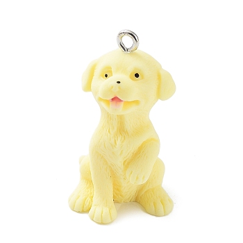 Opaque Resin Dog Pendants, 3D Puppy Charms with Platinum Plated Iron Loops, Champagne Yellow, 31x17.5x18mm, Hole: 1.8mm