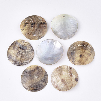 Natural Akoya Shell Pendants, Mother of Pearl Shell Pendants, Flat Round, Tan, 30x4mm, Hole: 1.6mm