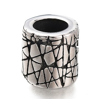 304 Stainless Steel European Beads, Large Hole Beads, Column with Craquelure Pattern, Antique Silver, 10x10mm, Hole: 6mm