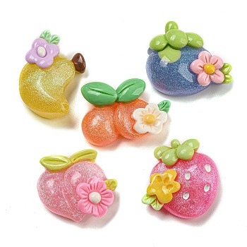 Flower Fruit Opaque Resin Decoden Cabochons with Glitter Powder, Peach & Strawberry & Mango, Mixed Shapes, Mixed Color, 18.5~22.5x21~26x8.5~10mm