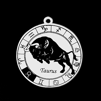 201 Stainless Steel Pendants, Laser Engraved Pattern, Flat Round with Constellation, Taurus, 22.5x20x1mm, Hole: 1.6mm