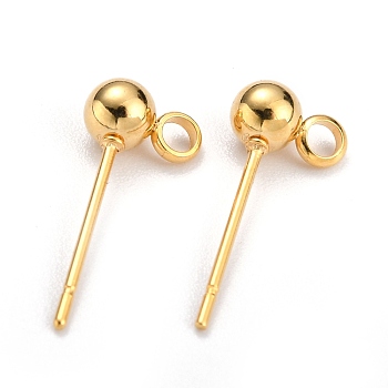 304 Stainless Steel Ball Post Stud Earring Findings, with Loop and 316 Surgical Stainless Steel Pin, Real 18k Gold Plated, 15x7x4mm, Hole: 1.8mm, Pin: 0.7mm