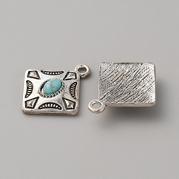 Tibetan Style Alloy Pendants, with Resin Imitation Turquoise Beads, Rhombus, 23x20x4.5mm, Hole: 2mm