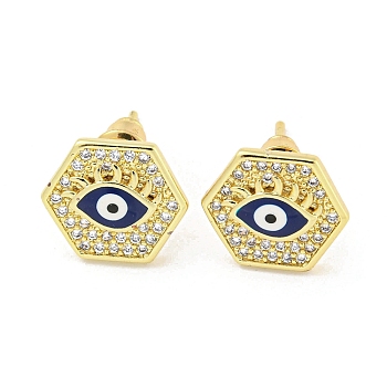 Evil Eye Real 18K Gold Plated Brass Stud Earrings, with Enamel and Clear Cubic Zirconia, Hexagon, 10.5x12mm
