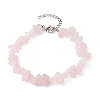Natural Rose Quartz Chips Beaded Bracelet, with 304 Stainless Steel Clasps, 7-1/8 inch(18cm)