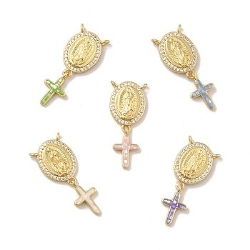 Brass Charms, with Shell, Cadmium Free & Lead Free, Long-Lasting Plated, Oval with Saint & Cross, Real 18K Gold Plated, Mixed Color, 30mm, Hole: 1.5mm