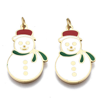316 Surgical Stainless Steel Enamel Pendants, with Jump Rings, Christmas, Snowman, Real 14K Gold Plated, 22x14x1mm, Jump Ring: 3.8x0.6mm, 2.6mm inner diameter