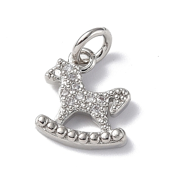 Brass Micro Pave Cubic Zirconia Charms, with Jump Ring, Rocking Horse Charms, Platinum, 11.5x10x2mm, Hole: 3mm