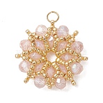 AB Color Plated Glass Pendants, Flower Charm, with 304 Stainless Steel Jump Ring & Seed Beads, Faceted, Pink, 23x5mm, Hole: 3mm(PALLOY-MZ01314-03)