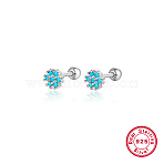 Anti-Tarnish Rhodium Plated Platinum 925 Sterling Silver Flower Stud Earrings, with Cubic Zirconia, Deep Sky Blue, 5mm(TL5591-4)