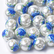 Printed & Spray Painted Imitation Pearl Glass Beads, Round with Flower Pattern, Gainsboro, 10~10.5x9.5mm, Hole: 1.6mm(X-GLAA-S047-06B-05)
