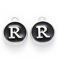 Platinum Plated Alloy Charms, Cadmium Free & Lead Free, with Enamel, Enamelled Sequins, Flat Round with Letter, Letter.R, 14x12x2mm, Hole: 1.5mm(ENAM-S118-02R-P)