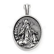 304 Stainless Steel Pendants, Oval with ST ROCHUS Charm, Antique Silver, 44.5x27x5mm, Hole: 5x5.5mm(STAS-R225-03AS)