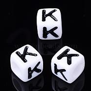 Letter Acrylic Beads, Cube, White, Letter K, Size: about 7mm wide, 7mm long, 7mm high, hole: 3.5mm, about 2000pcs/500g(PL37C9129-K)
