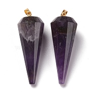 Natural Amethyst Pendants, with Brass Findings, Faceted, Cone/Spike/Pendulum, Real 18K Gold Plated, 42~44x15~16mm, Hole: 3.6x4mm(G-Z026-01K)