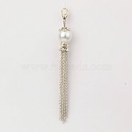Glass Pearl Tassel Pendant Decorations, with Iron Chains, Brass Rhinestone Beads and Alloy Lobster Claw Clasps  , White, 90~95mm(HJEW-JM00146-01)