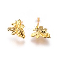 Brass Stud Earring Findings, with Plastic Ear Nuts and Loop, Long-Lasting Plated, Bee, Golden, 15x14x2mm, Hole: 1.5mm, Pin: 0.7mm(KK-F809-13G)