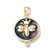 Eco-Friendly Brass Micro Pave Cubic Zirconia Pendants, Enamel Style, Cadmium Free & Lead Free, Flat Round with Bees & Crown Charm, Black, 22.5x15x3mm, Hole: 3.4mm(KK-F845-23G-02)