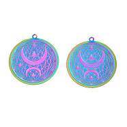 Ion Plating(IP) 304 Stainless Steel Filigree Pendants, Etched Metal Embellishments, Moon with Star, Rainbow Color, 32x30x0.2mm, Hole: 1.5mm(STAS-S118-101)