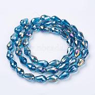 Electroplate Glass Beads Strands, AB Color Plated, Faceted Teardrop, Deep Sky Blue, 15x10mm, Hole: 1mm, 50pcs/strand, 27.1 inch(EGLA-D015-15x10mm-31)