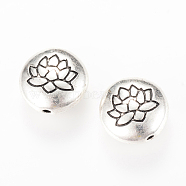 Tibetan Style Alloy Beads, Flat Round with Lotus, Cadmium Free & Nickel Free & Lead Free, Antique Silver, 14x6.5mm, Hole: 1mm, about 240pcs/1000g(TIBEB-Q067-08AS-NR)