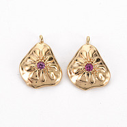Brass Micro Pave Medium Violet Red Cubic Zirconia Pendants, Nickel Free, Teardrop with Flower, Real 18K Gold Plated, 17x13x4mm, Hole: 1.5mm(KK-S356-468-NF)
