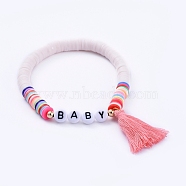 Handmade Polymer Clay Heishi Beads Stretch Bracelets, with Word Acrylic Beads and Cotton Thread Tassel Pendants, for Mother's Day, Baby, Colorful, 2 inch(5.2cm)(BJEW-JB05086-01)