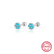 Rhodium Plated Platinum 925 Sterling Silver Flower Stud Earrings, with Cubic Zirconia, Deep Sky Blue, 5mm(TL5591-4)