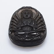 Carved Natural Obsidian Guan Yin Big Pendants, Goddess of Mercy, 58x45x11.5mm, Hole: 1.5mm(G-E428-10)