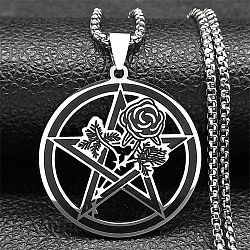 304 Stainless Steel Rose Flowre Pentagram Pendant Box Chain Necklaces, Stainless Steel Color, 19.69 inch(50cm)(STAS-D196-03P)