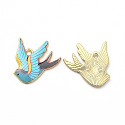 Rack Plating Alloy Pendants, Printed, Lead Free & Cadmium Free & Nickel Free, Bird Charm, Light Gold, Medium Turquoise, 20.5x21x1.5mm, Hole: 1.8mm(FIND-H043-07LG-02)