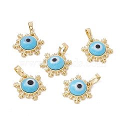 Handmade Evil Eye Lampwork Pendants, with Rack Plating Real 18K Gold Plated Brass Findings, Long-Lasting Plated, Snowflake Charm, Deep Sky Blue, 15x14x4mm, Hole: 4x6.5mm(LAMP-G157-04G-01)