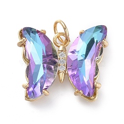 Brass Micro Pave Clear Cubic Zirconia Pendant, with Glass, Butterfly, Golden, Medium Purple, 18mm(ZIRC-P079-B02-01)