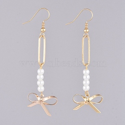 Dangle Earrings, with Glass Pearl Beads, Brass Pendants and Earring Hooks, Bowknot, Real 18K Gold Plated, 70.5mm, Pin: 0.7mm(EJEW-JE03968-04)