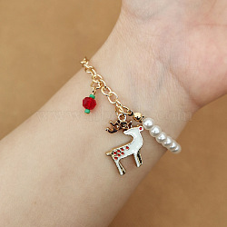 Christmas Jewelry, Alloy Enamel Charm Bracelets for Women, with Plastic Imitation Pearl, Deer(NB3744-7)