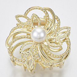 (Holiday Stock-Up Sale)Alloy Claw Hair Clips, with ABS Plastic Imitation Pearl, Long-Lasting Plated, Textured, Flower, Light Gold, White, 46x47x36mm(PHAR-N004-014)