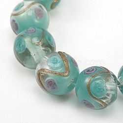 Round Shaped Handmade Gold Sand Bumpy Lampwork Beads, Light Sea Green, 12mm, Hole: 2mm(LAMP-L043-04)