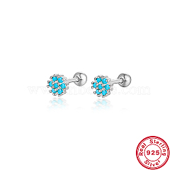 Rhodium Plated Platinum 925 Sterling Silver Flower Stud Earrings, with Cubic Zirconia, Deep Sky Blue, 5mm(TL5591-4)