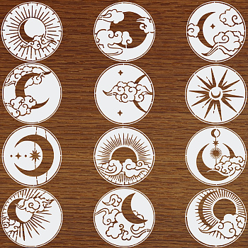 12Pcs 12 Styles Moon & Cloud & Star PET Plastic Hollow Out Drawing Painting Stencils Templates, Flat Round, WhiteSmoke, 148x0.5mm, 1pc/style