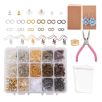 DIY Earring Kits, with Brass Earring Hooks & Jump Rings & Ring Assistant Tool & Ear Nuts, Paper Display Cards, Plastic Ear Nuts, Needle Nose Pliers, OPP Cellophane Bags, Mixed Color, 11.8x7.2x3.5cm